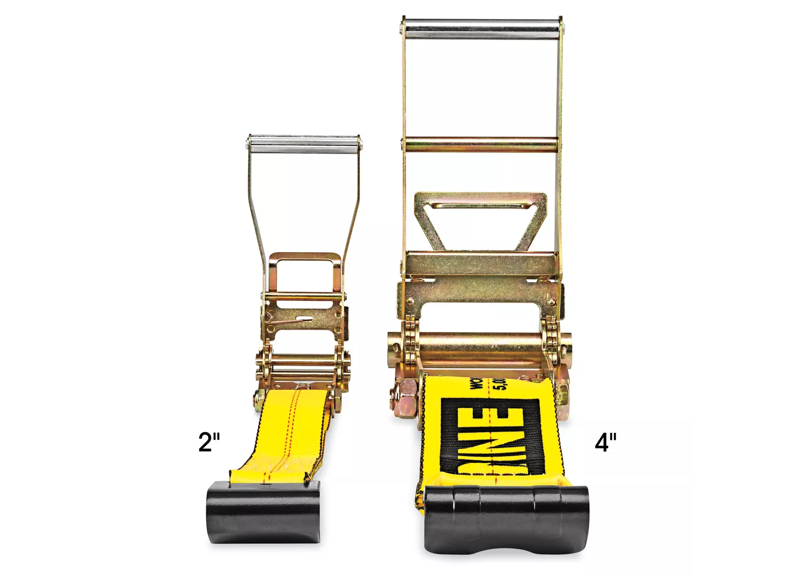Two ratchet straps with measurement labels on a white background