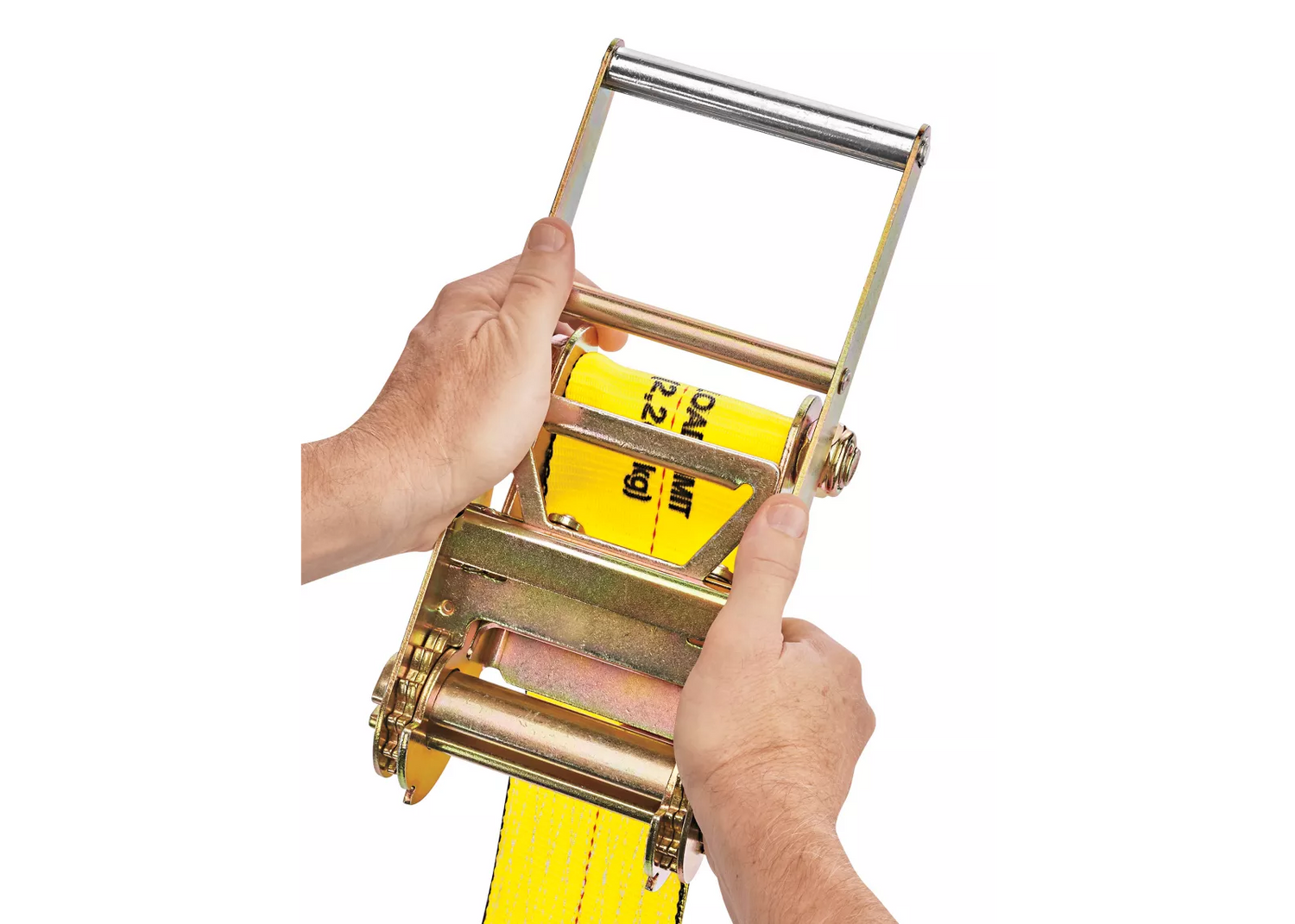 Person using a yellow strap with a ratchet handle on a white background