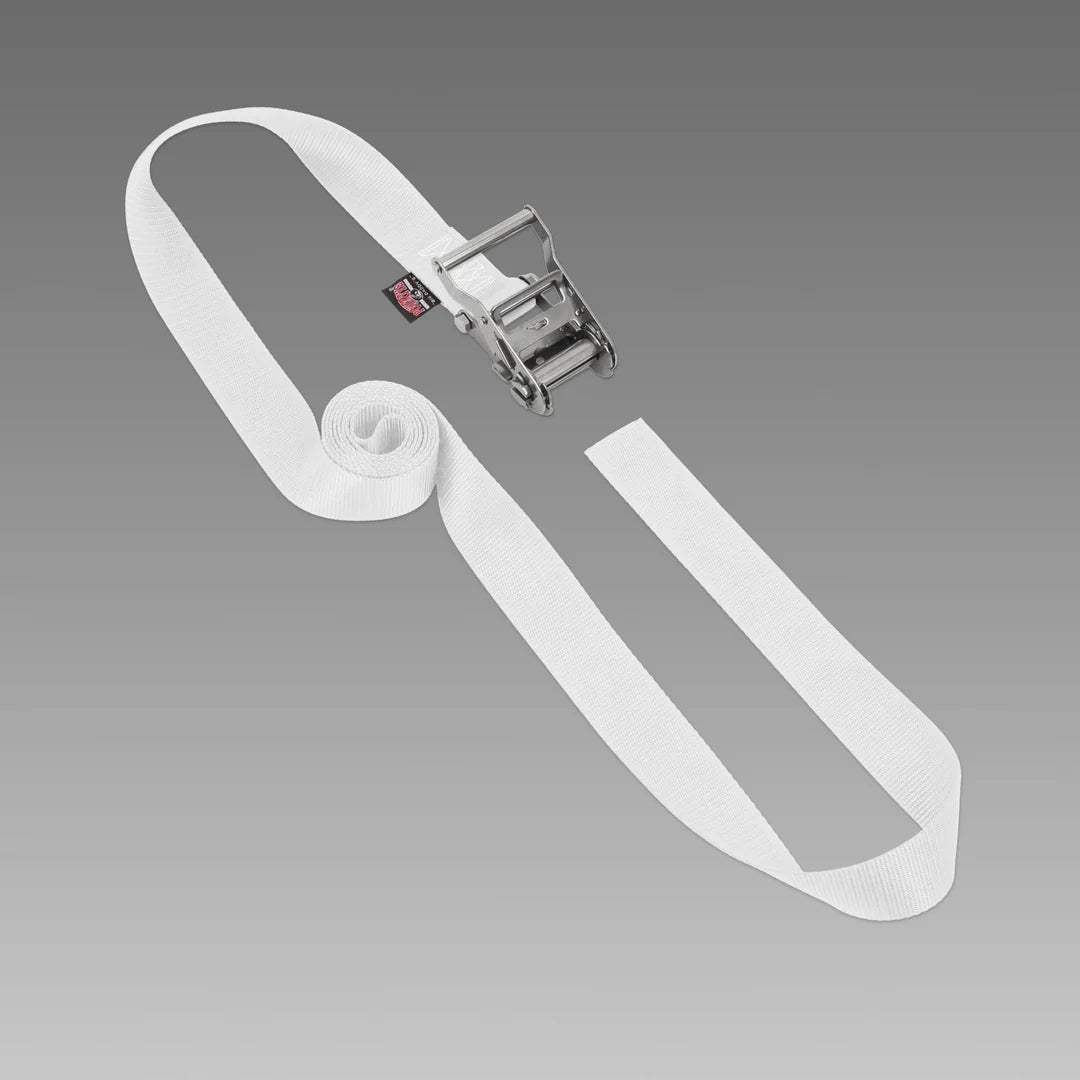 White strap with a metal buckle on a gray background